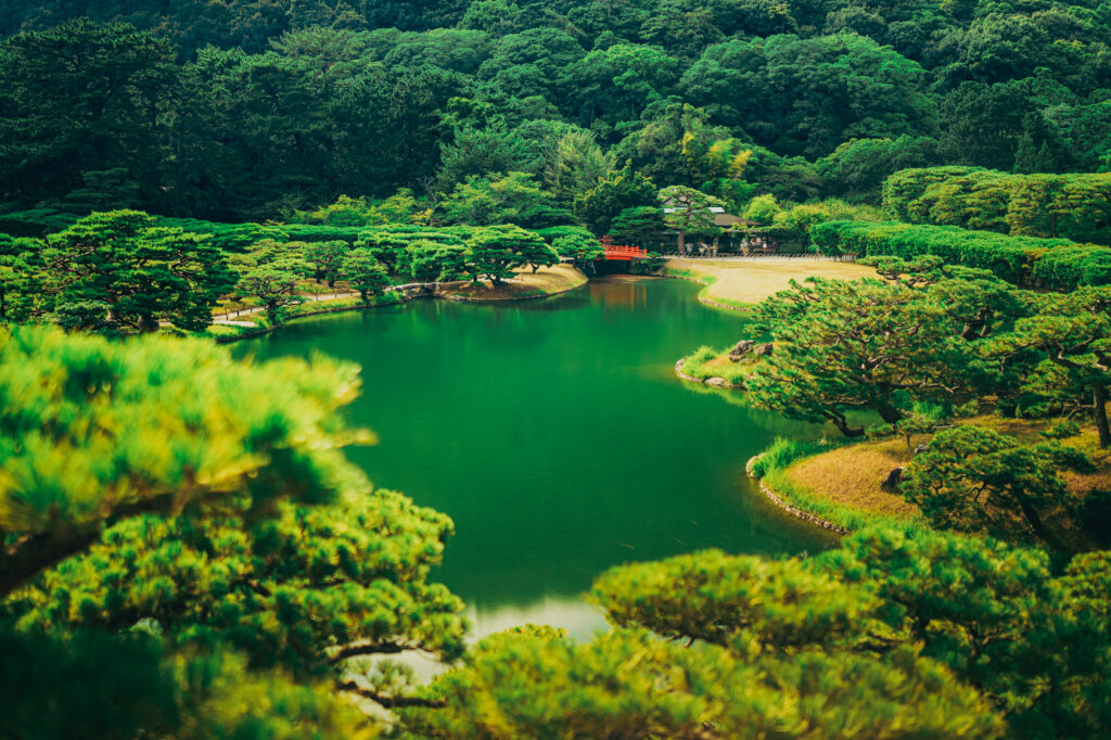 香川県高松市の栗林公園　芙蓉峰からみた南湖　松の緑が美しい